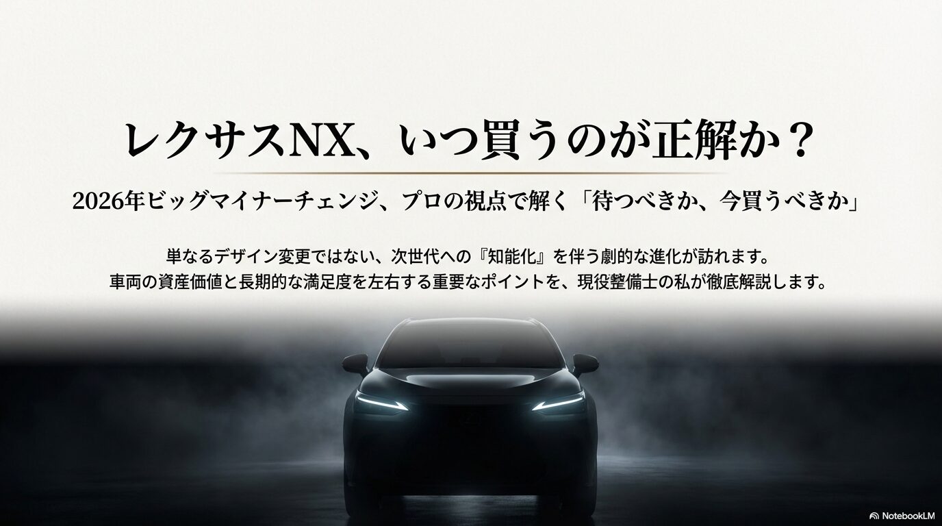 レクサスNXの2026年マイナーチェンジを待つべきか今買うべきかを解説するスライド表紙
