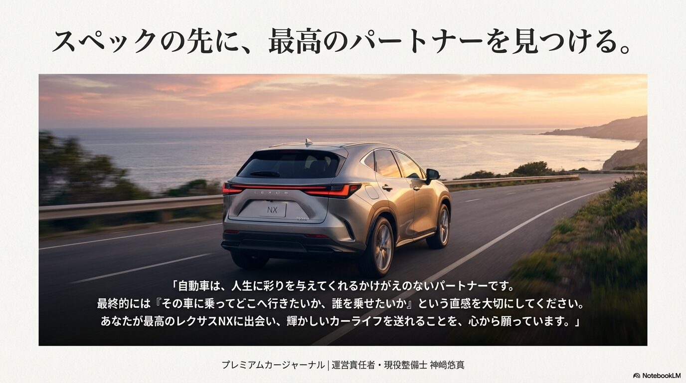 走行するレクサスNXの画像と共に「最終的には直感を大切にしてください」という整備士からのメッセージ