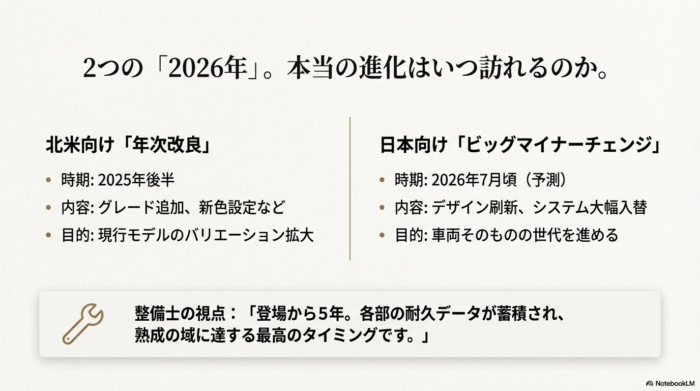 北米の2025年後半年次改良と、日本の2026年7月ビッグマイナーチェンジの時期と内容を比較した図解