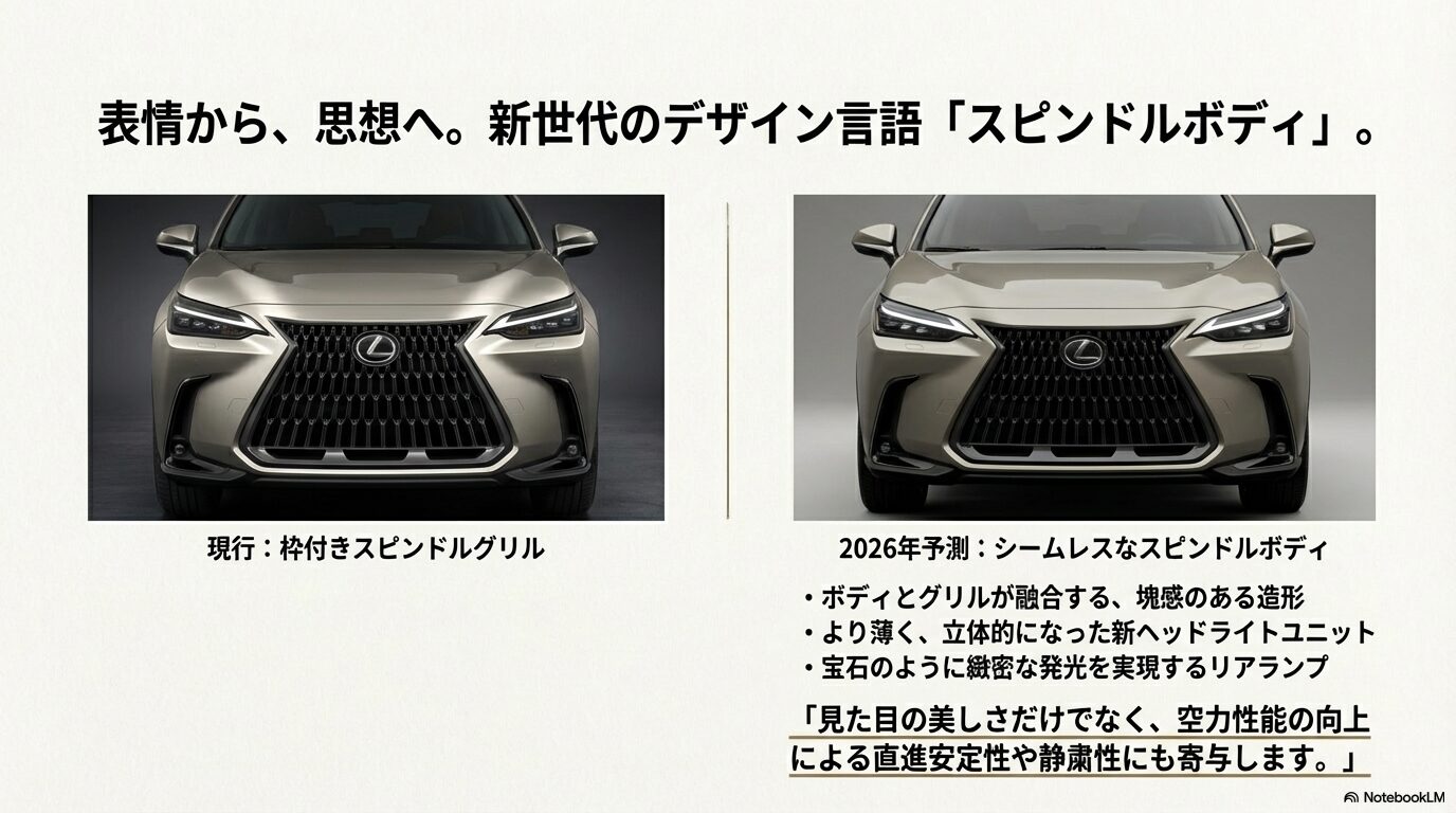 枠付きグリルからシームレスなスピンドルボディへ変更されるフロントマスクの比較画像