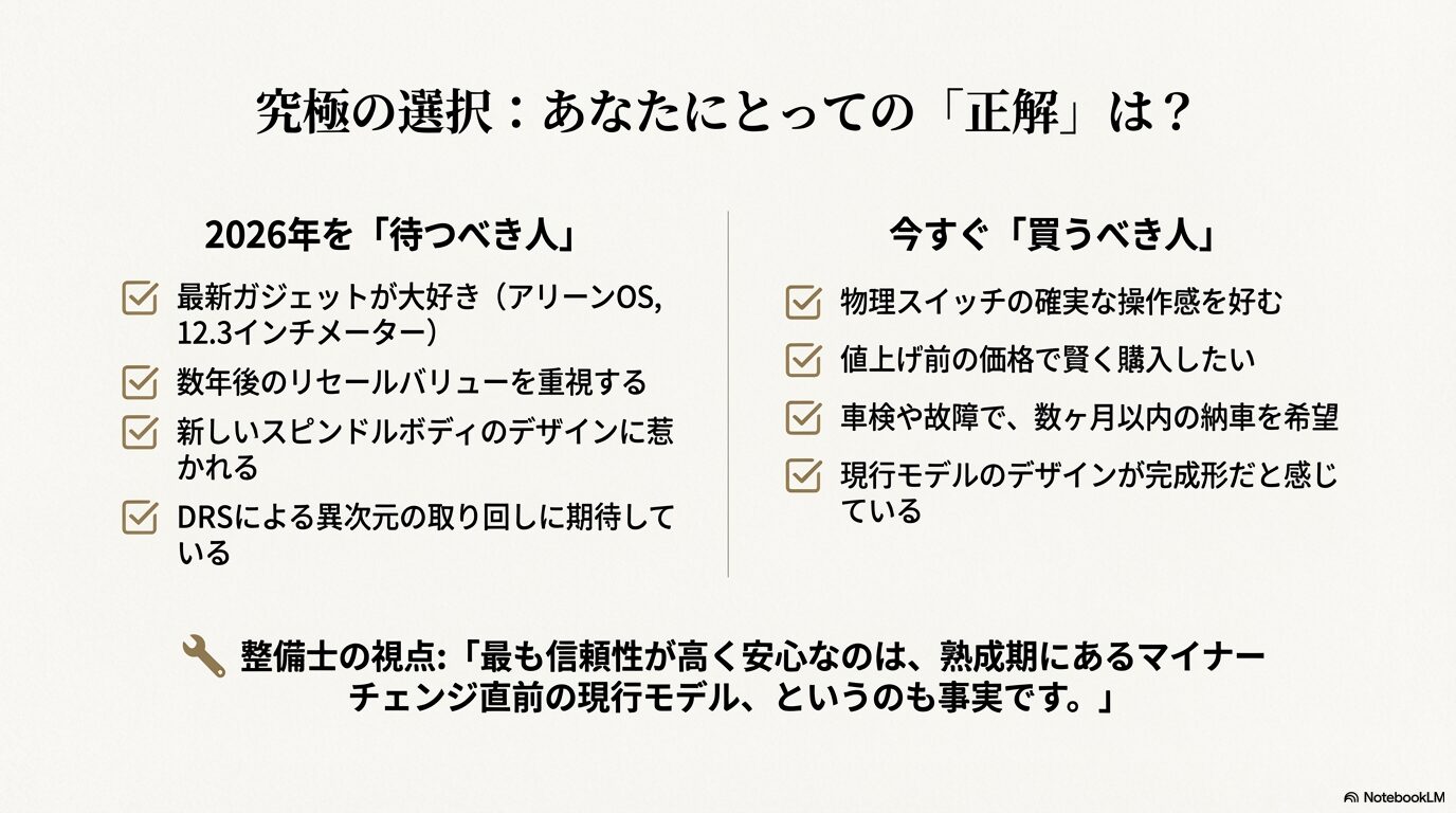最新ガジェット重視の「待つべき人」と、物理スイッチや価格重視の「今買うべき人」の比較表