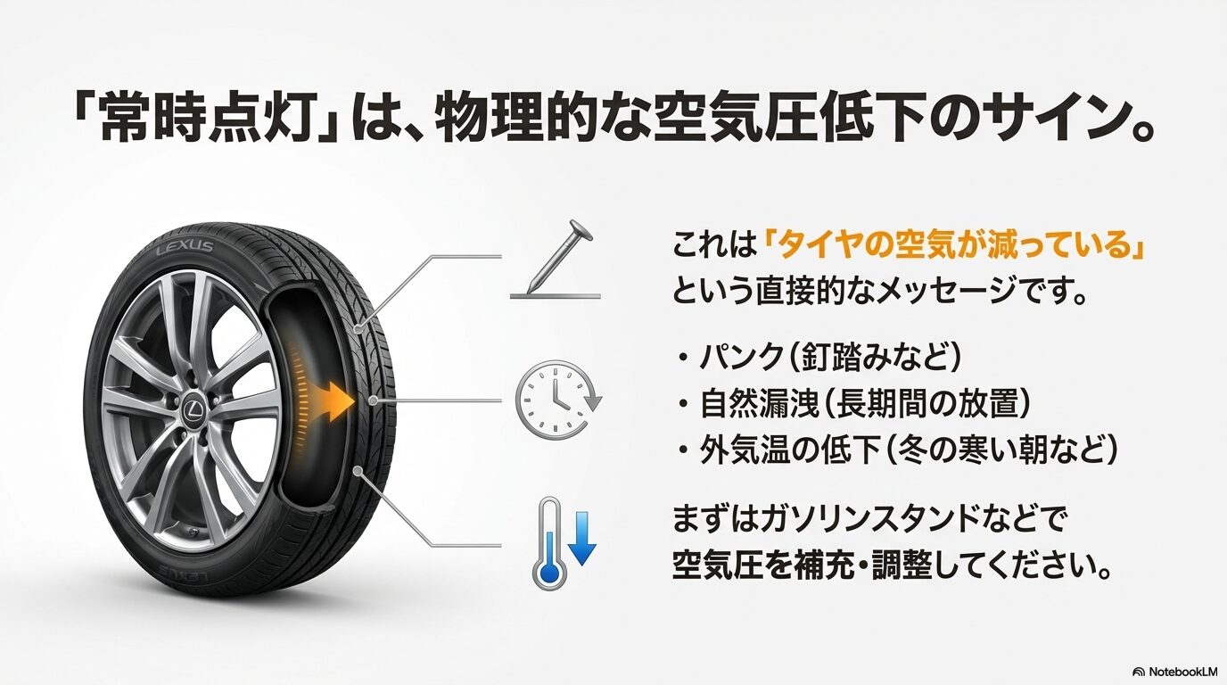 レクサスNX 空気圧低下時の警告灯常時点灯パターンと対処法