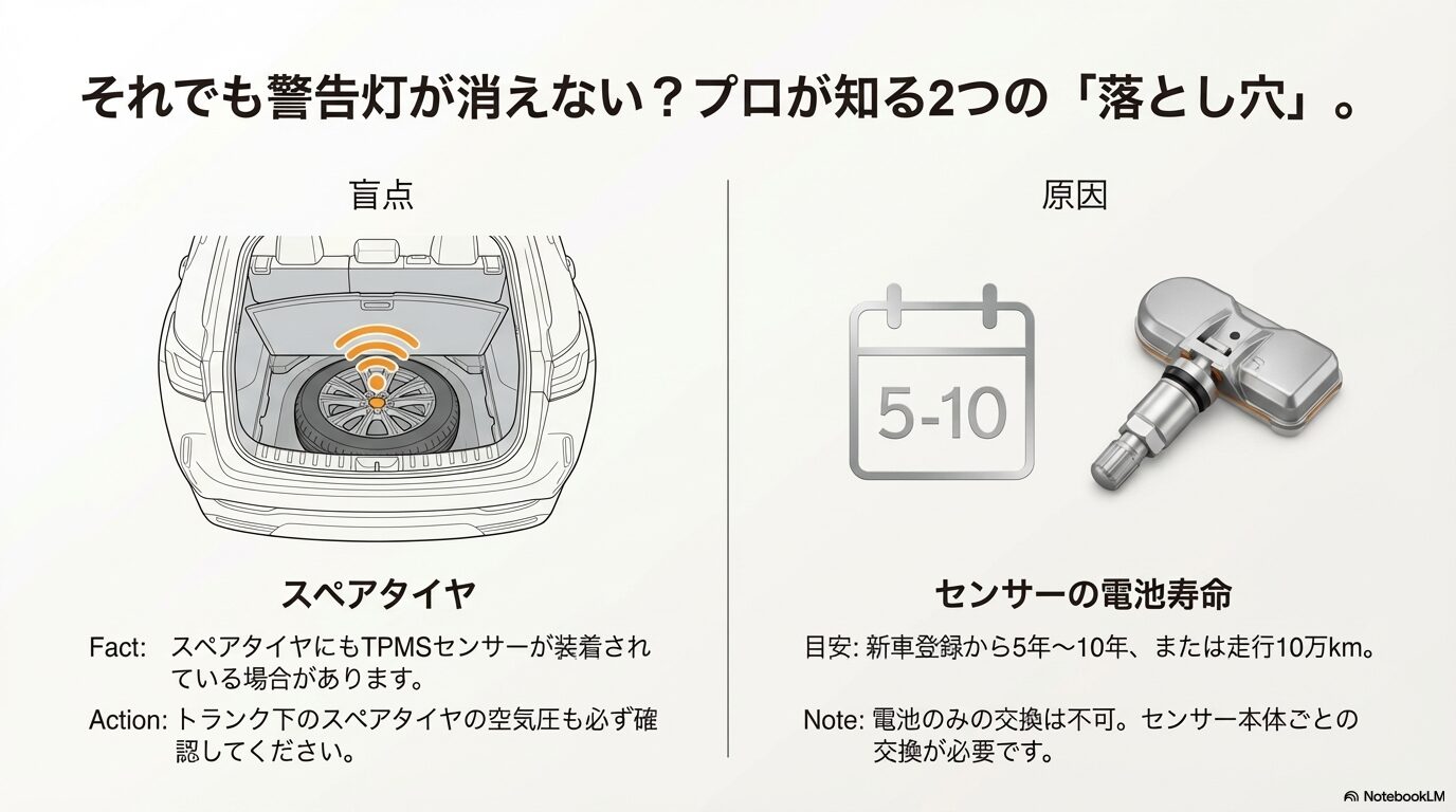 レクサスNX 警告灯が消えない原因 スペアタイヤとセンサー電池寿命の盲点