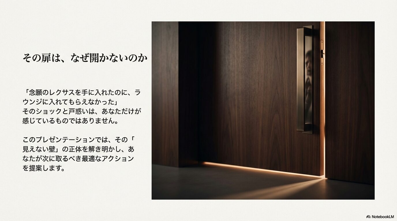 閉ざされたレクサスラウンジの扉と入れない現実のイメージ