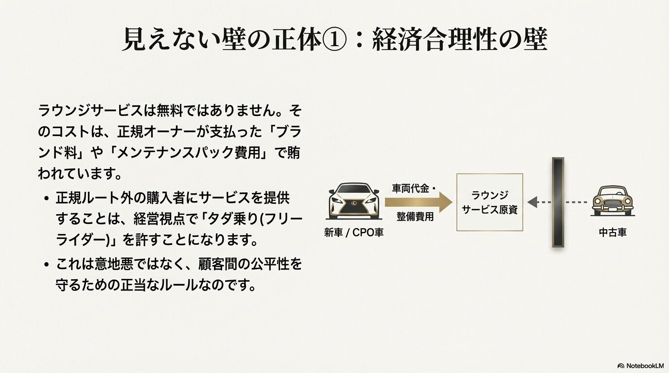 レクサスラウンジ無料サービスの経済的背景とコスト構造の解説図