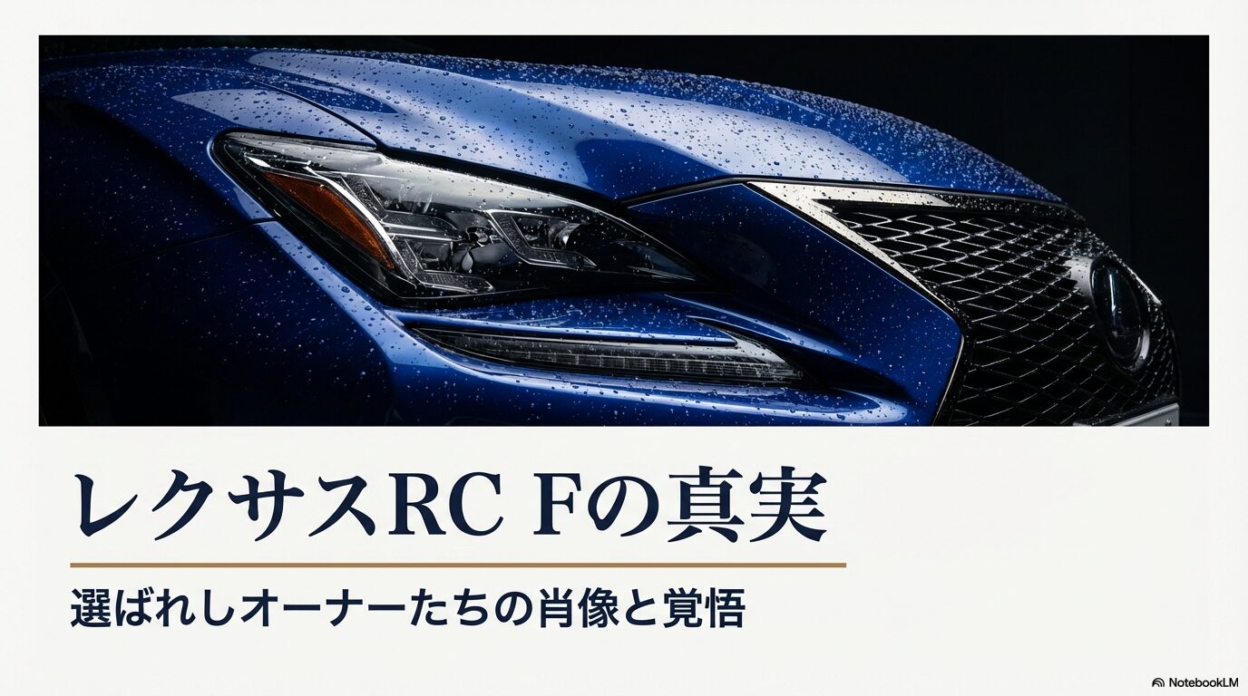 レクサスRC Fのフロントマスクと「選ばれしオーナーたちの肖像と覚悟」というタイトルのスライド画像。