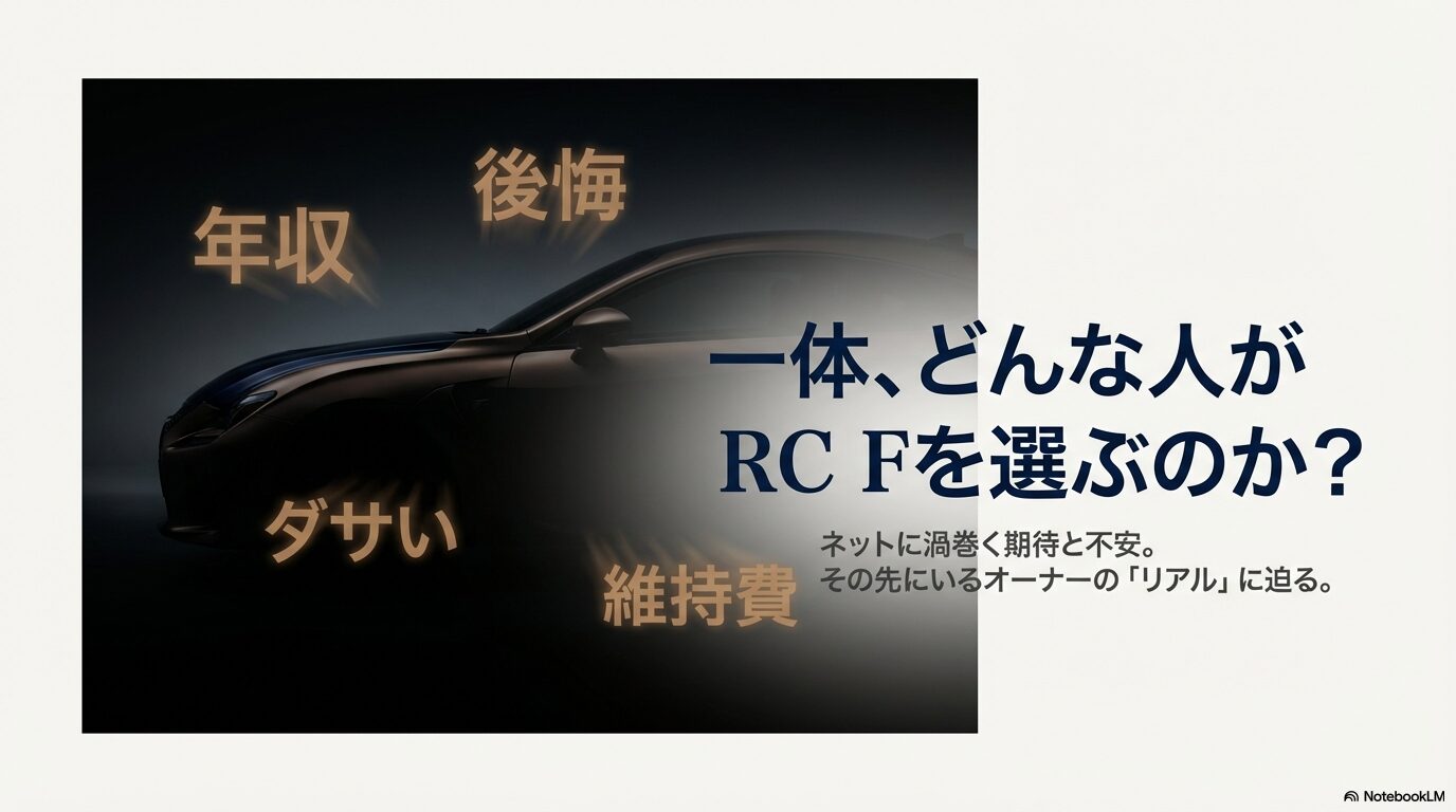 「年収」「維持費」「ダサい」「後悔」といったキーワードが並び、RCFを選ぶ人のリアルに迫る内容を示したスライド。