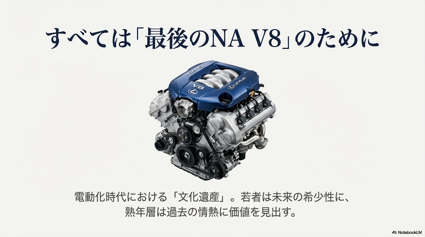 レクサスのV8エンジン画像とともに、電動化時代における文化遺産としての希少価値を解説したスライド。