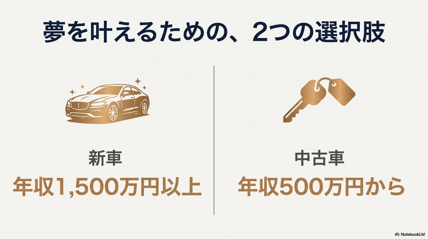 新車購入（年収1,500万円以上）と中古車購入（年収500万円から）の2つの選択肢を比較したイラスト付きスライド。