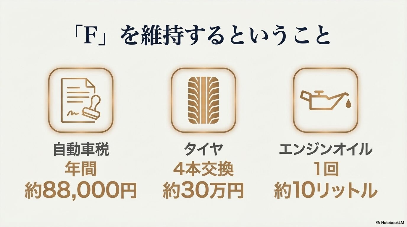 自動車税年間約88,000円、タイヤ4本約30万円、オイル交換1回約10Lといった維持費の目安をまとめたスライド。