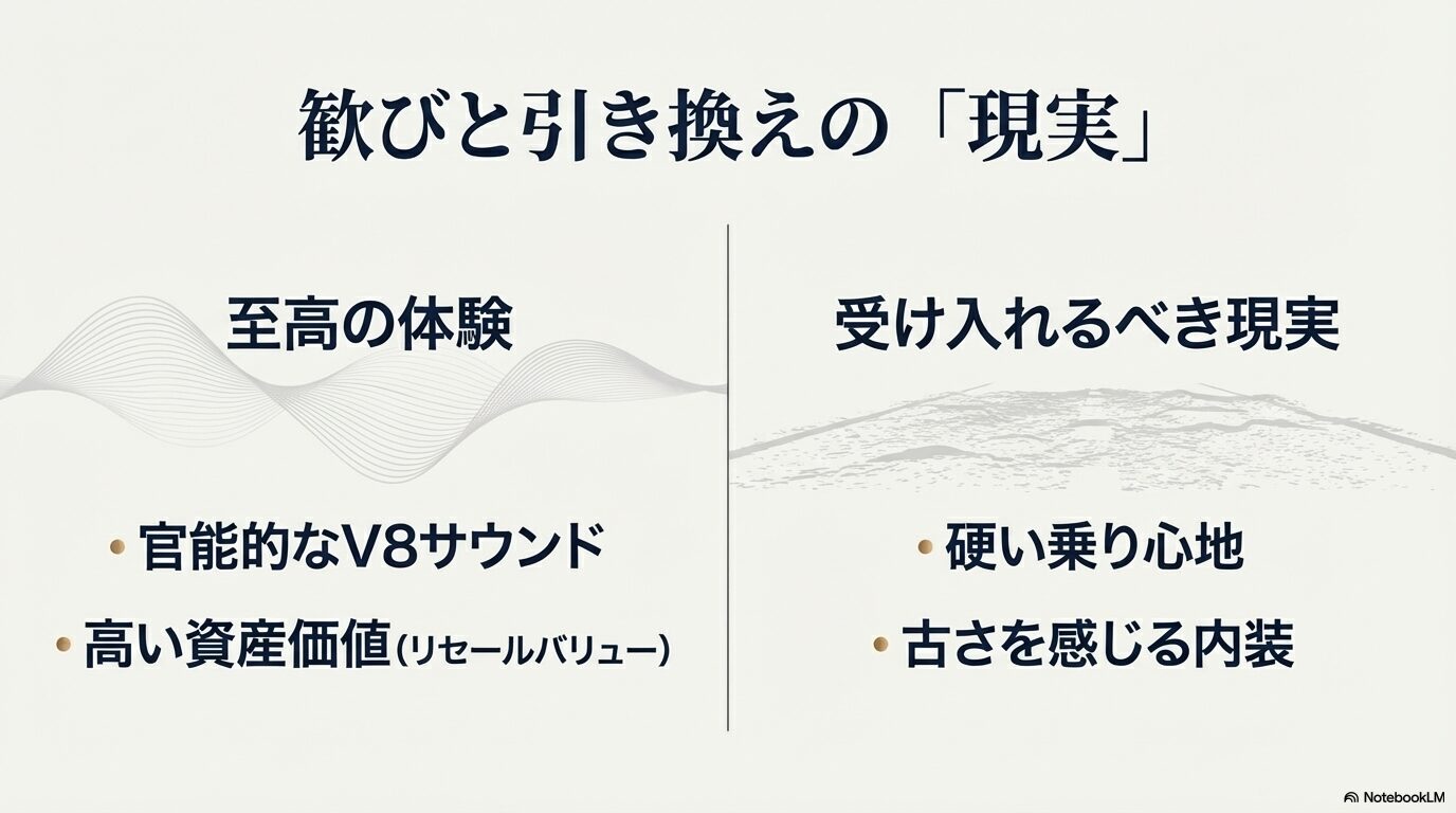 V8サウンドや資産価値といったメリットと、硬い乗り心地や内装の古さといったデメリットを対比させたリストスライド。