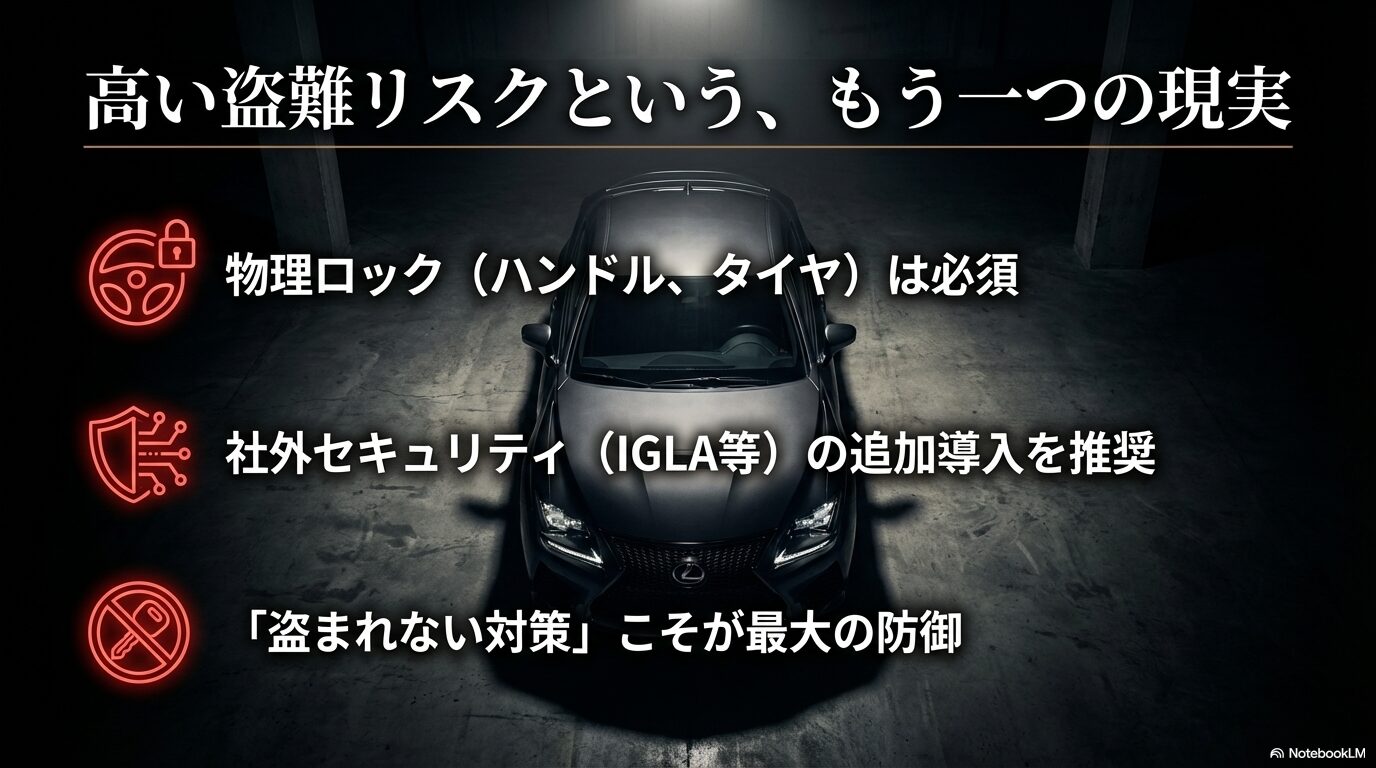 ステアリングロックのアイコンとともに、物理ロックや社外セキュリティ（IGLA等）の導入を推奨する防犯スライド。