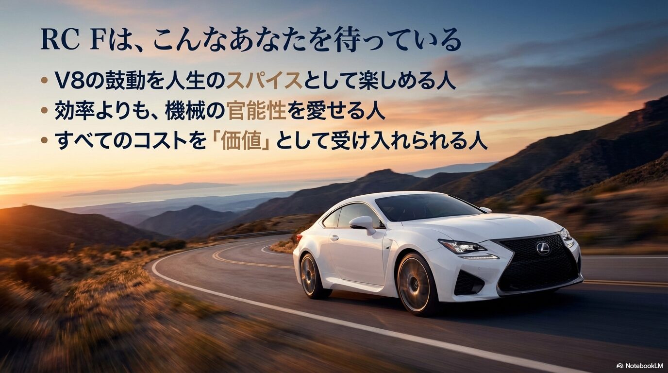 V8の鼓動を楽しめる人、機械の官能性を愛せる人など、RC Fオーナーにふさわしいマインドセットをまとめたスライド。
