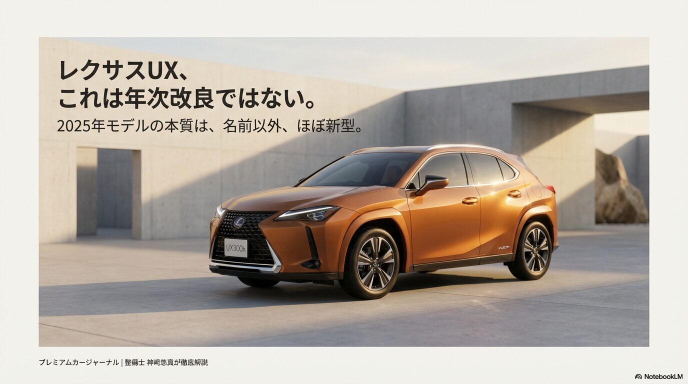レクサスUX 2025年モデルUX300hのエクステリア画像と「名前以外はほぼ新型」というキャッチコピー 。