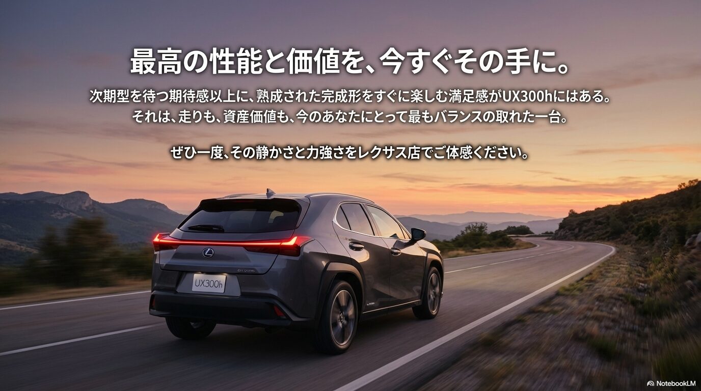今すぐ手に入る最高の性能と価値、UX300hの体感を促すメッセージスライド 。
