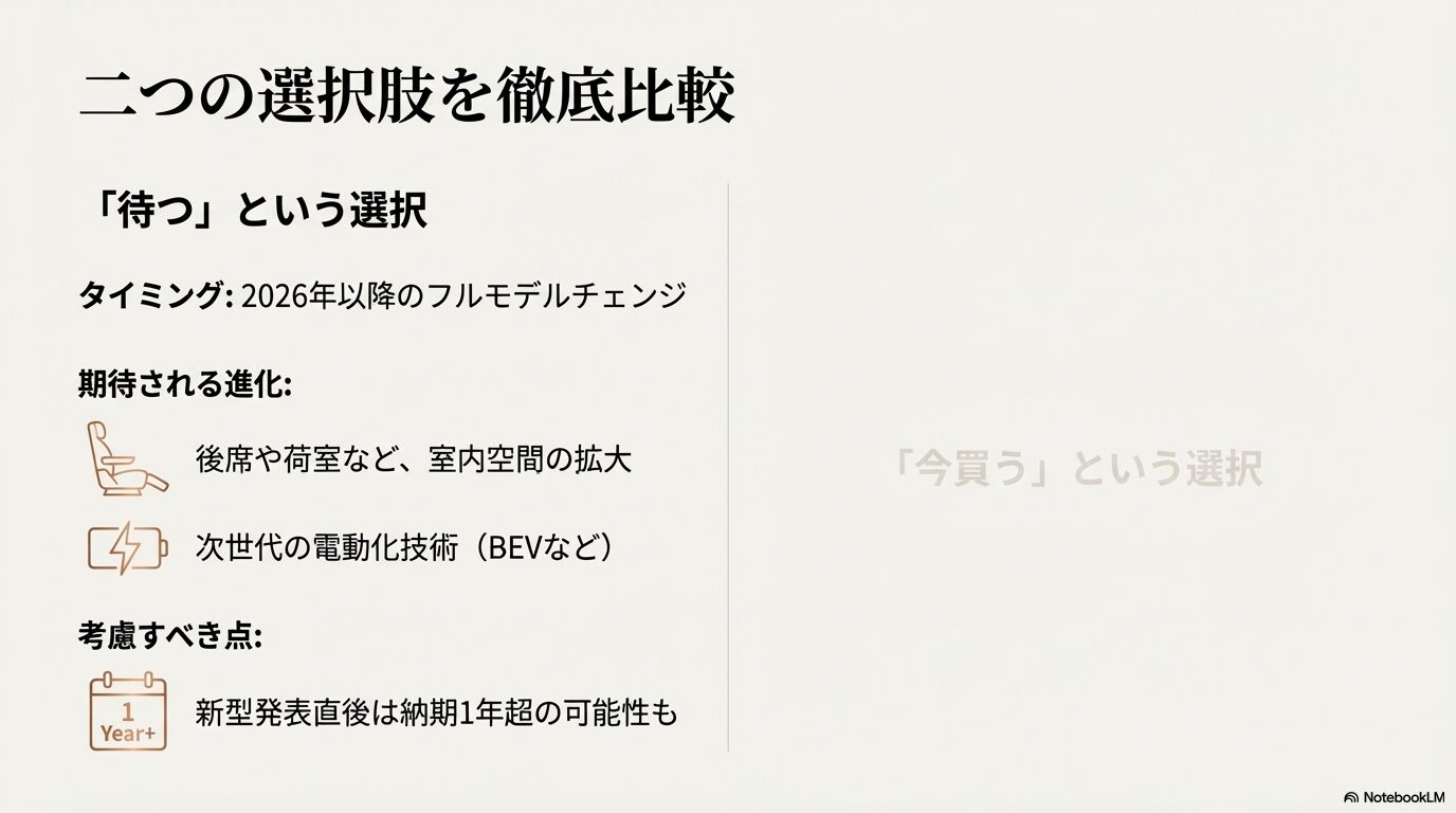 次期型の室内空間拡大やBEV化の期待と、新型発表後の長納期化に関する比較まとめ 。
