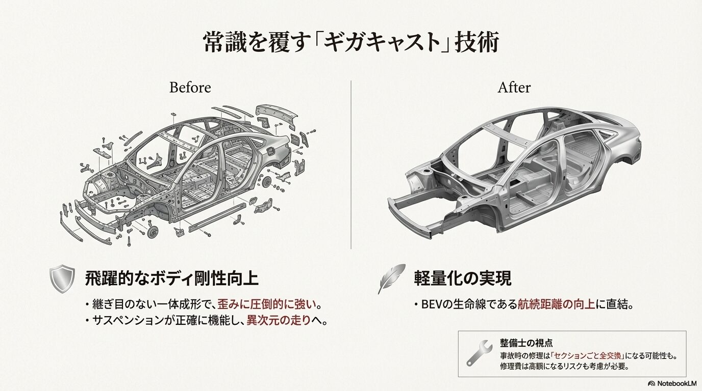 ギガキャスト技術導入前後の車体構造比較と、剛性向上・軽量化のメリットを解説したスライド。
