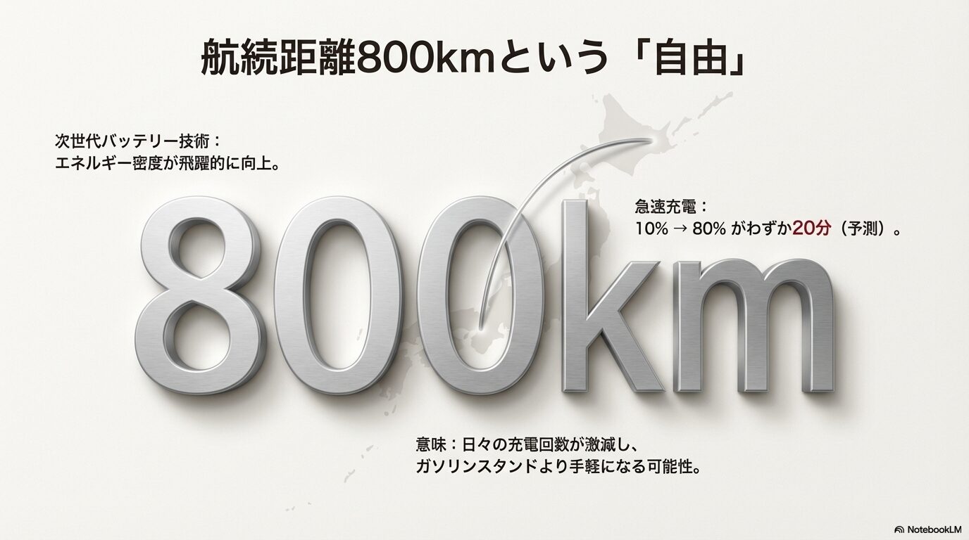 航続距離800kmと急速充電20分を可能にする次世代バッテリー技術の解説スライド。