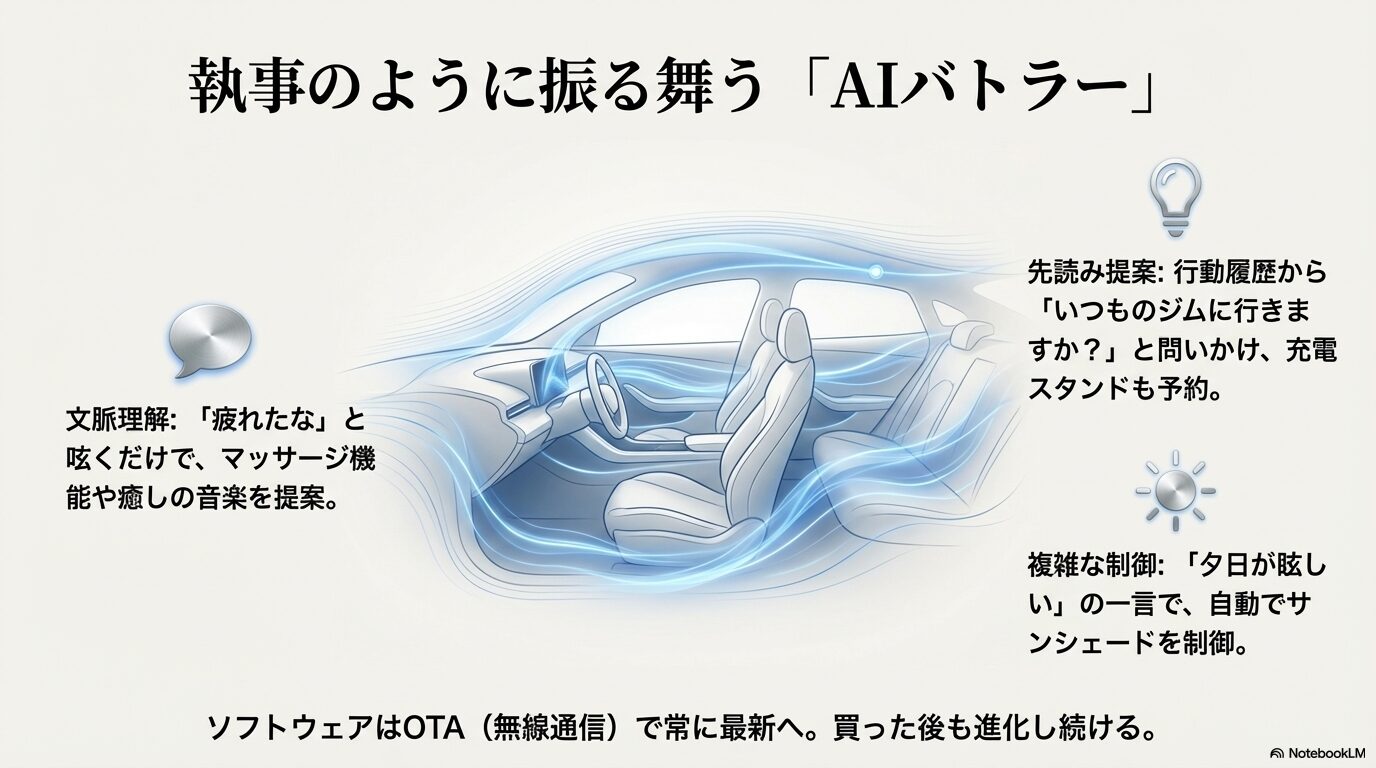 文脈理解や先読み提案、複雑な車両制御を行うAIバトラー機能のイメージスライド。