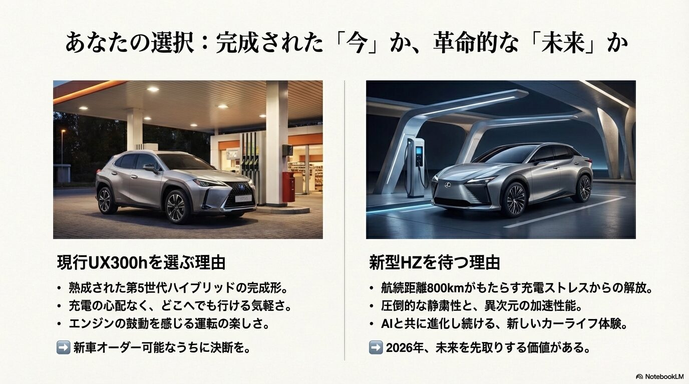 現行UX300hの完成度と新型HZの先進性を比較し、ユーザーの選択を助けるスライド