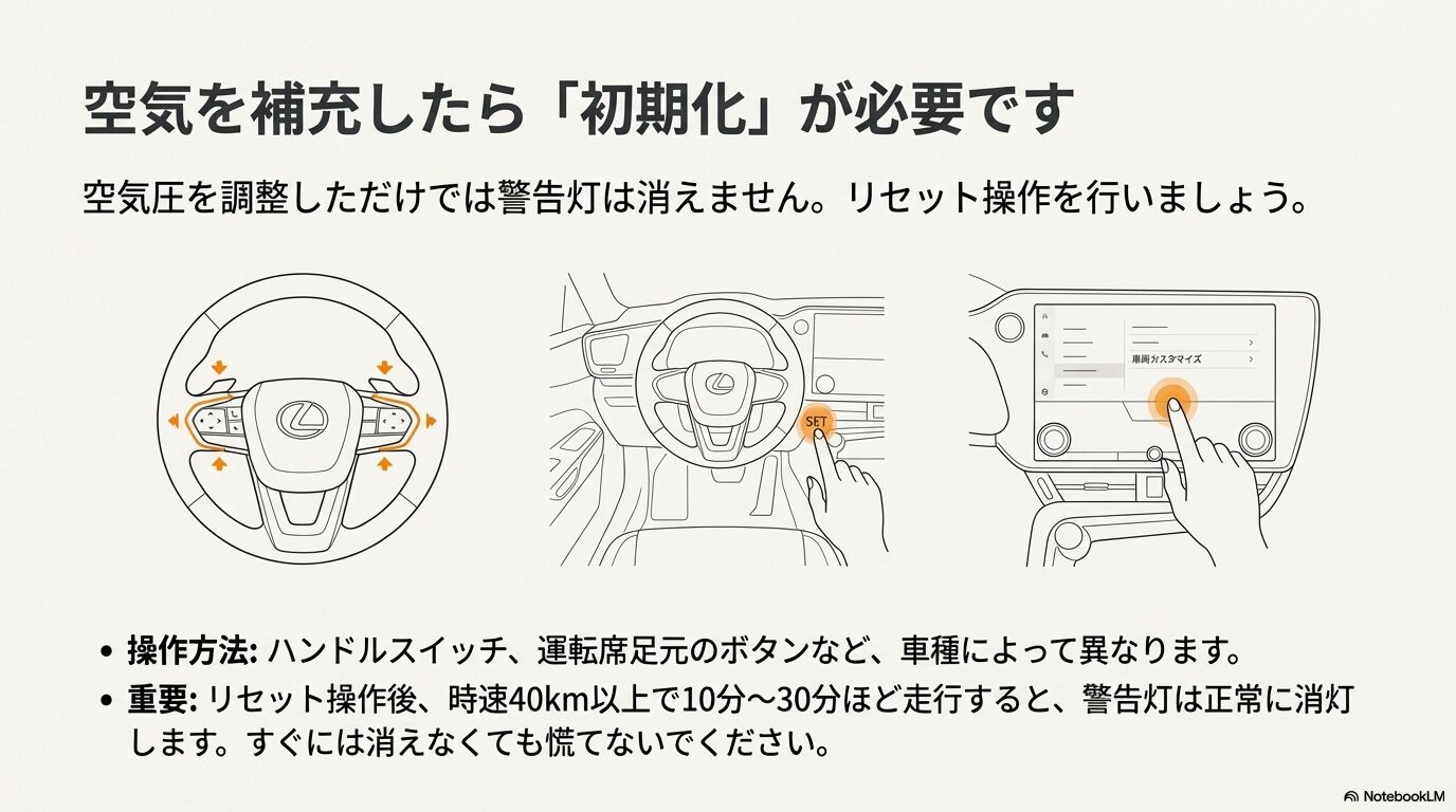 レクサスTPWS（タイヤ空気圧警報システム）の初期化リセットボタンとマルチディスプレイ操作方法
