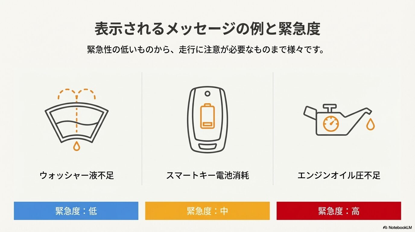 レクサスの警告メッセージアイコン：ウォッシャー液不足、スマートキー電池消耗、エンジンオイル圧不足