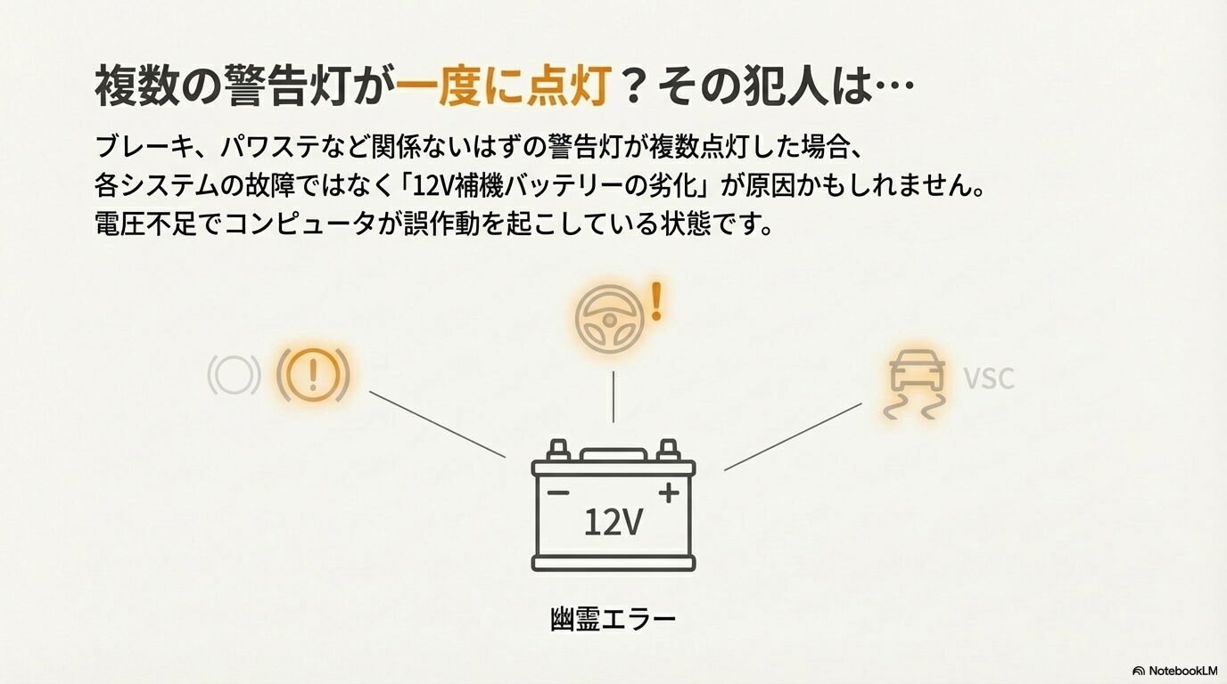 レクサスの12V補機バッテリー電圧低下が引き起こすブレーキやパワステ警告灯の誤作動（幽霊エラー）