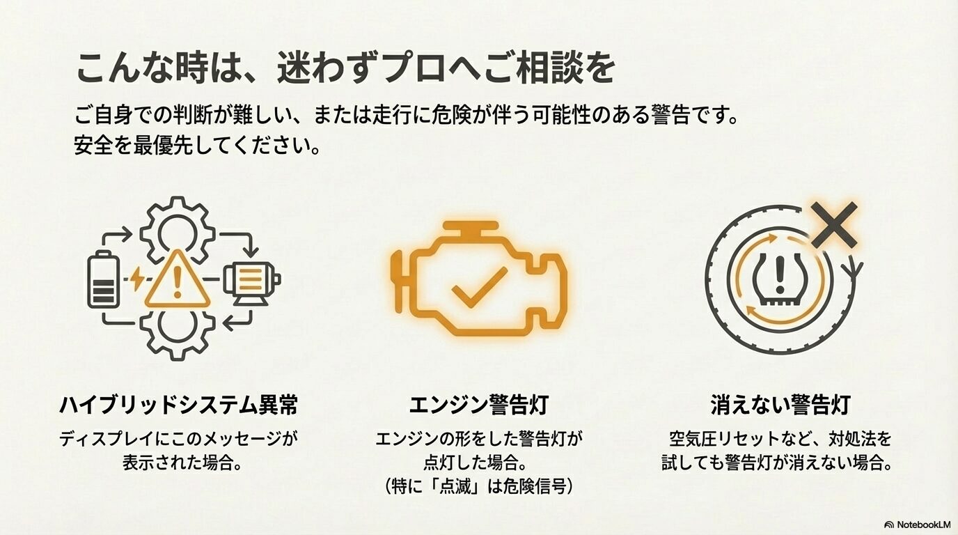 レクサスのハイブリッドシステム異常メッセージとエンジン警告灯が点灯した場合の危険信号