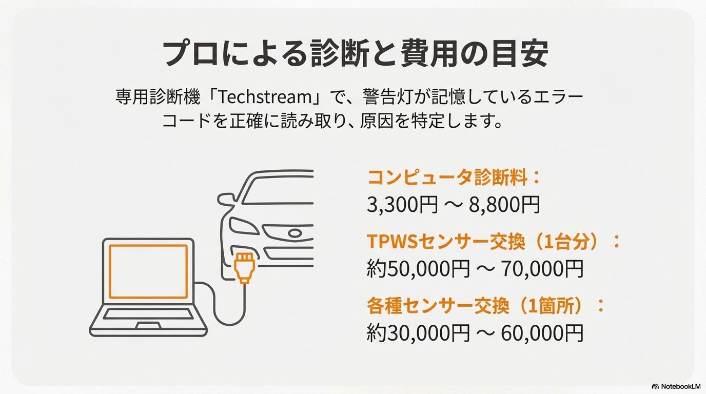 レクサス専用診断機Techstreamによる故障診断料とTPWSセンサー交換費用の相場