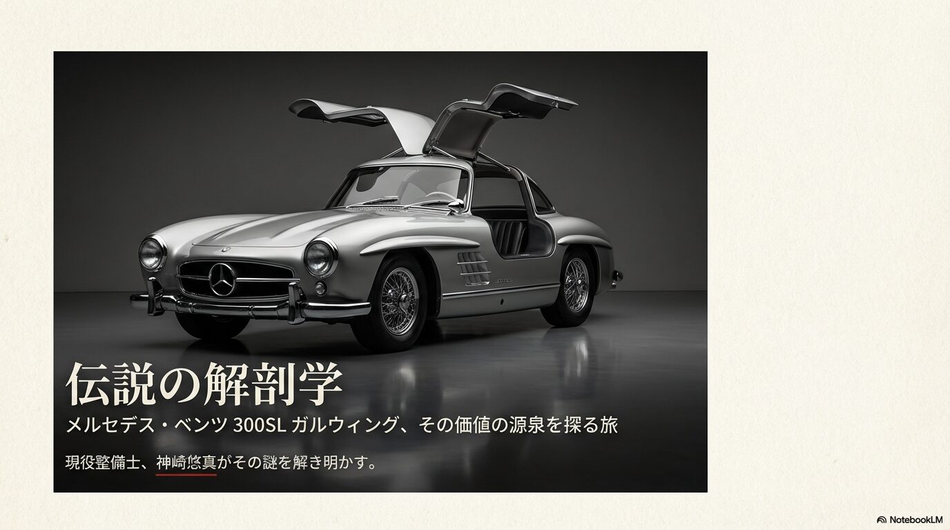 メルセデス・ベンツ 300SL ガルウィングのフロントビュー画像と「伝説の解剖学」というタイトルテキスト