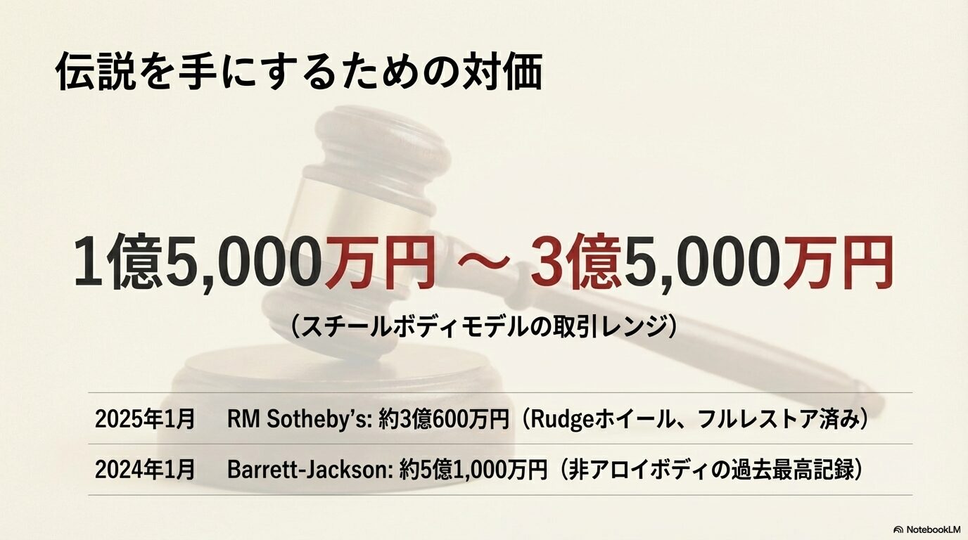 2024年から2025年にかけての300SLスチールボディモデルの取引レンジを示すリスト