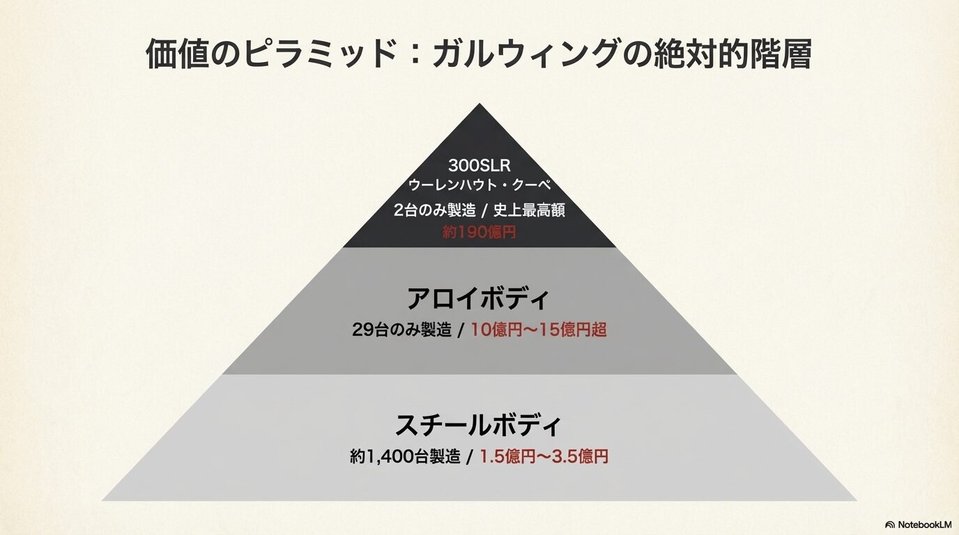 SLRウーレンハウト・クーペ、アロイボディ、スチールボディの生産台数と価格を比較したピラミッド図