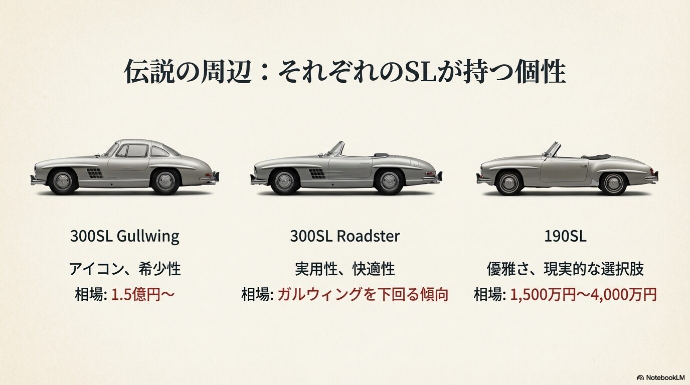 300SLガルウィング、ロードスター、190SLのサイドプロフィールのシルエットと価格相場比較