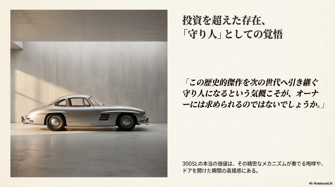 モダンなガレージ内に静かに佇むシルバーのメルセデス・ベンツ 300SL ガルウィング