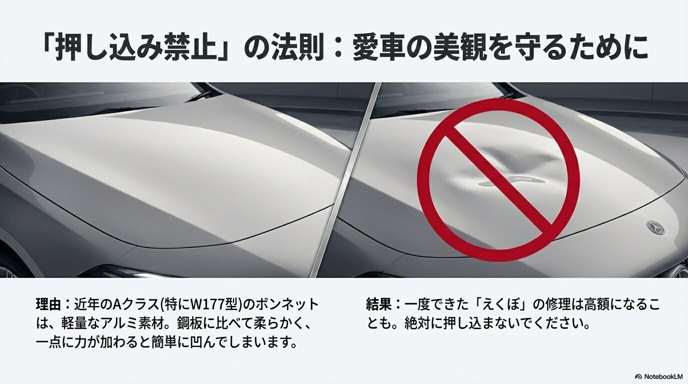手で押し込むと凹んでしまう軽量アルミ製ボンネットの注意喚起と「えくぼ」損傷のイメージ