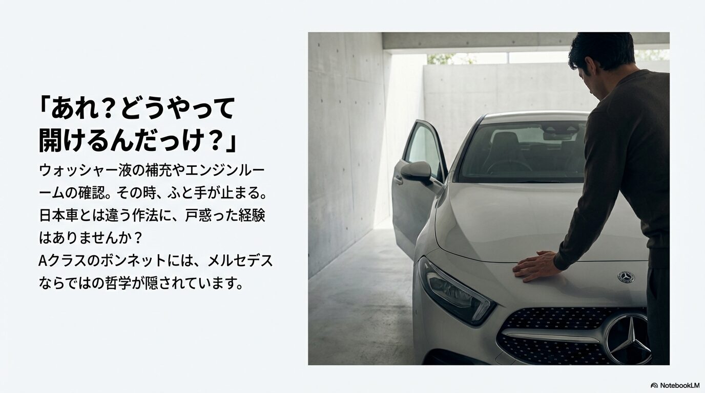 メルセデス・ベンツAクラスのボンネット開閉に関するオーナーの疑問とブランド哲学の紹介