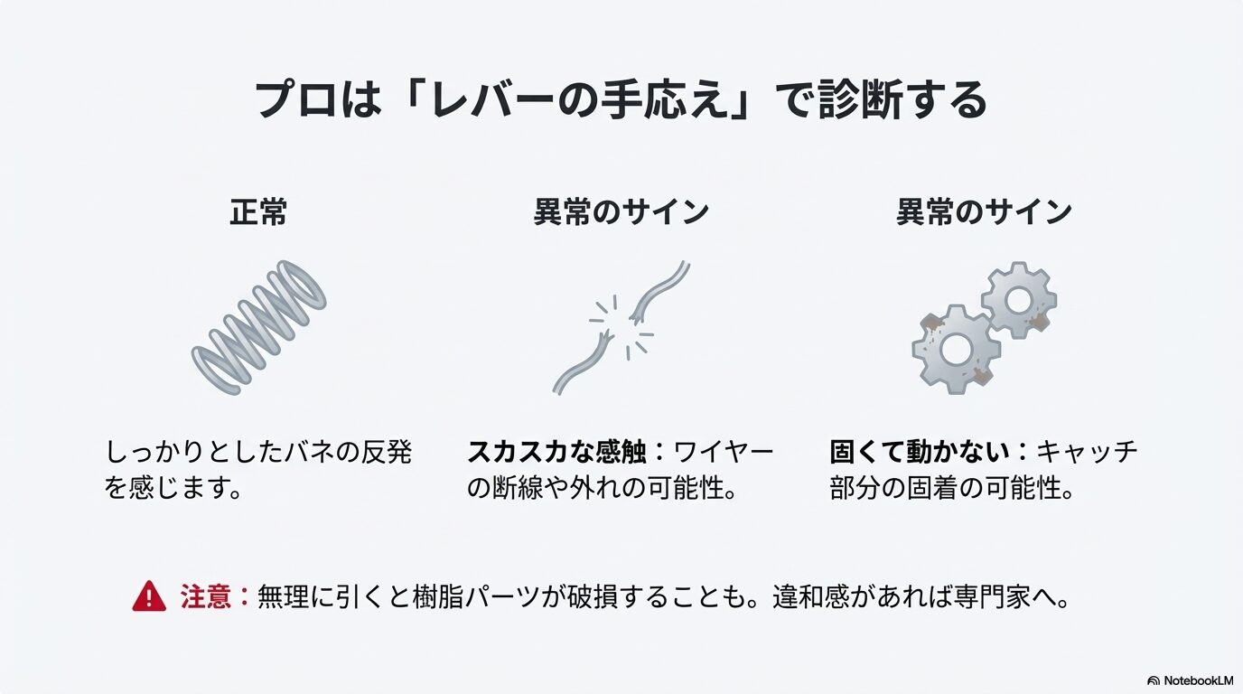 ボンネットレバーを引いた際のバネの反発やスカスカな感触、固着などの故障診断ポイント