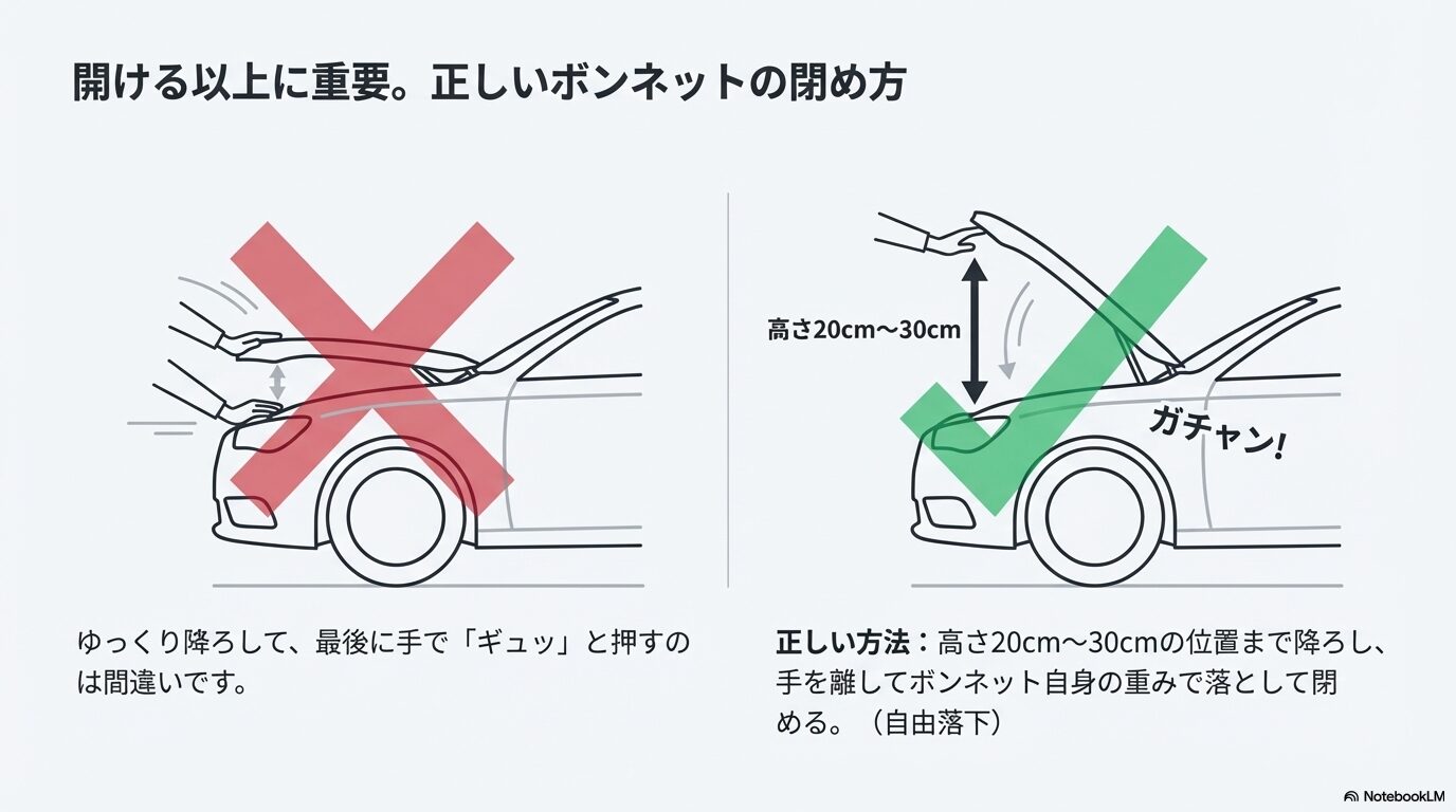 20cmから30cmの高さから手を離して自重でボンネットを閉める正しい手順の図解