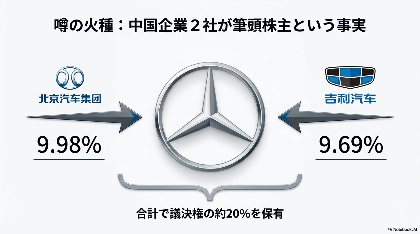 北京汽車集団9.98%と吉利汽車9.69%がメルセデス・ベンツの筆頭株主であることを示すインフォグラフィック