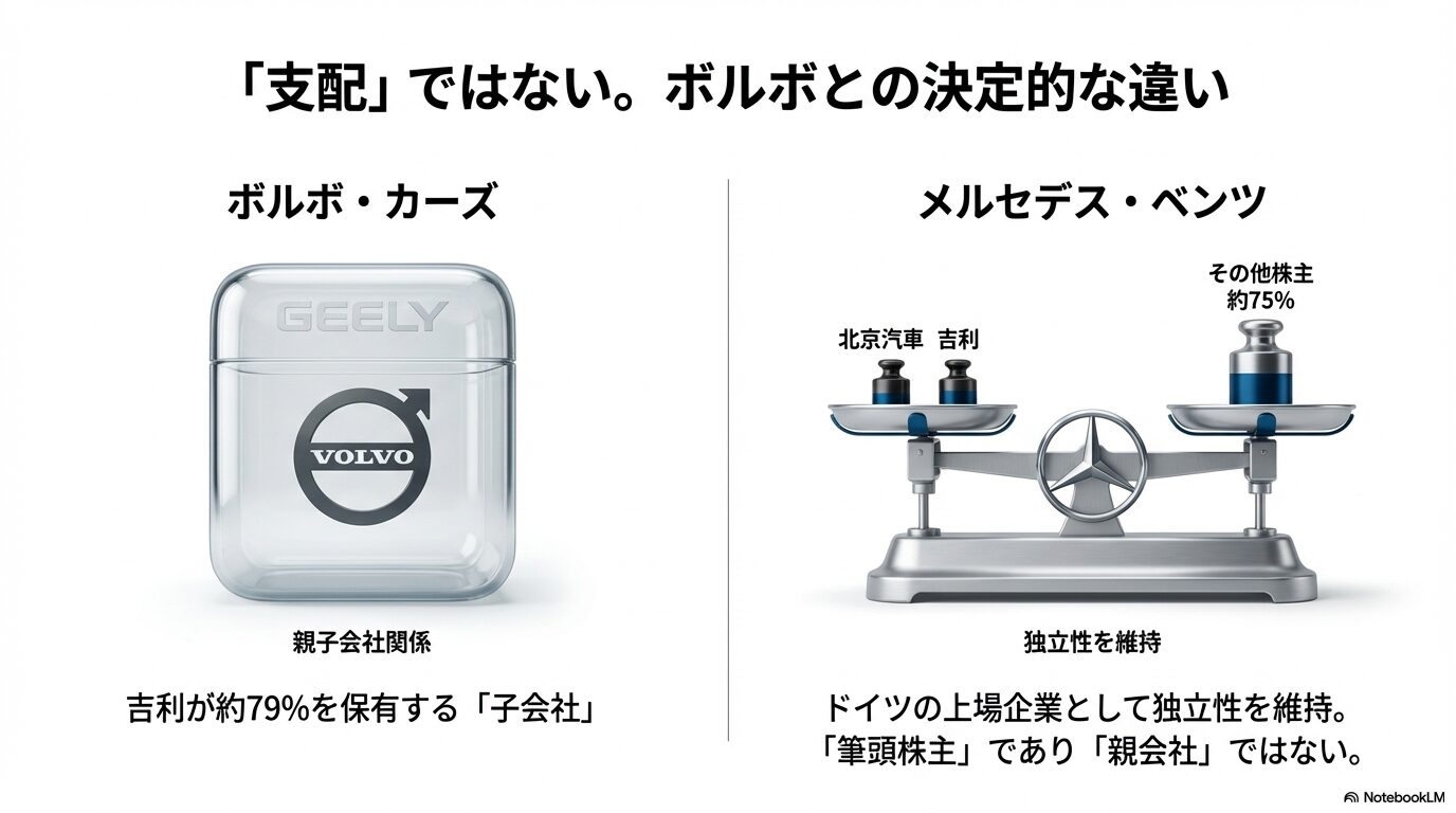 吉利の子会社であるボルボと、独立性を維持しながら中国を筆頭株主に持つメルセデスの資本関係の比較図