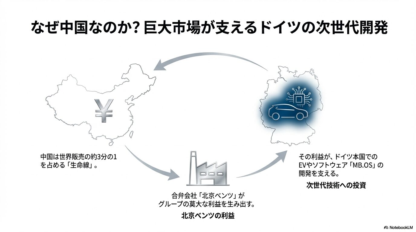 中国市場および北京ベンツの利益がドイツ本国でのEVやソフトウェアMB.OS開発を支える仕組みの図解