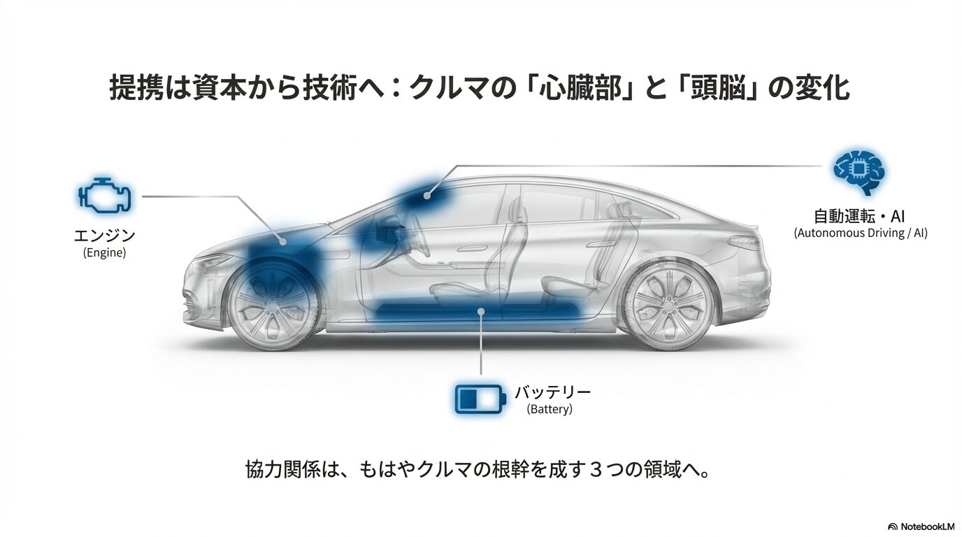 エンジン、バッテリー、自動運転・AIの3分野における中国企業との協力関係を示すイラスト