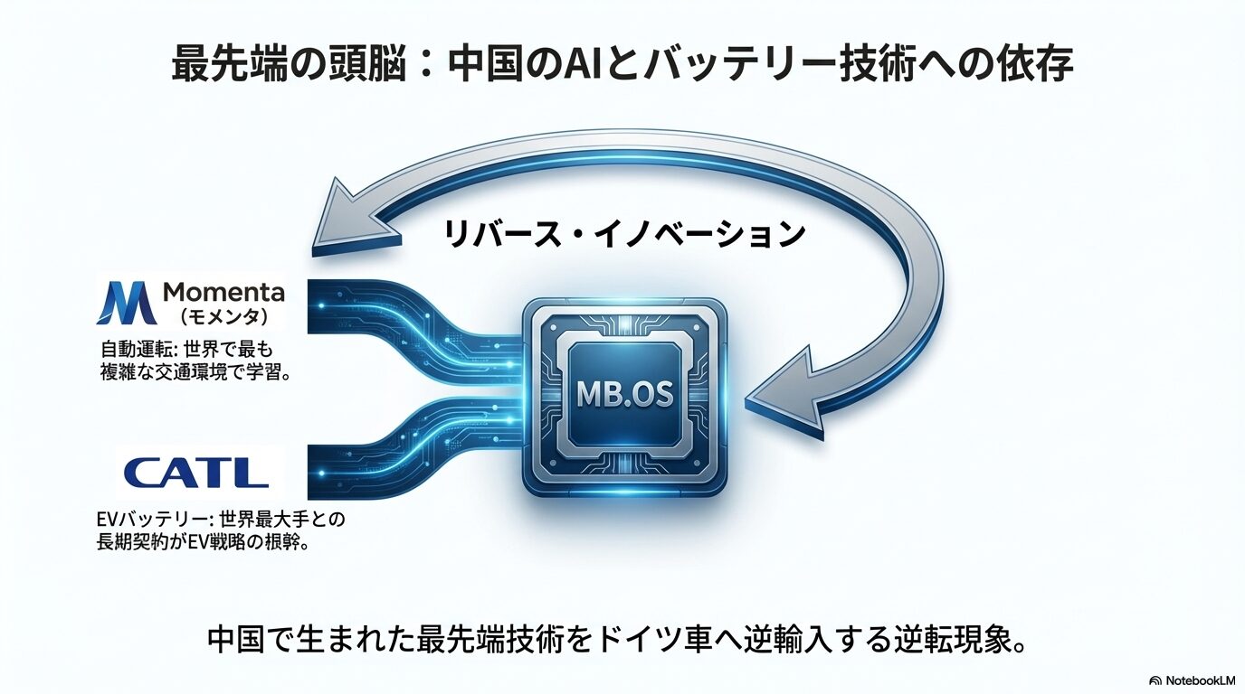 モメンタの自動運転AIやCATLのバッテリー技術をMB.OSに取り入れるリバース・イノベーションの図解