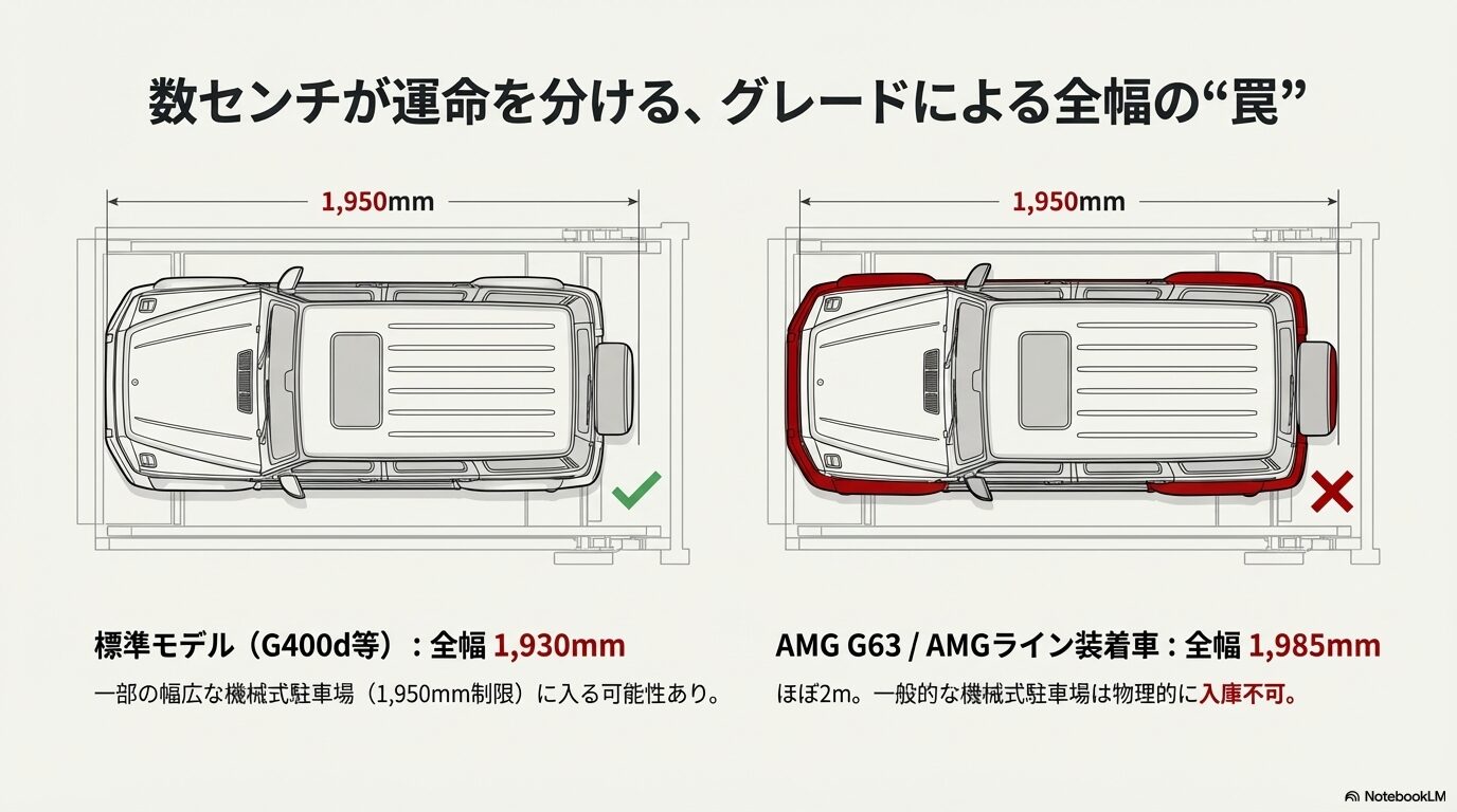 Gクラスの車高による天井接触リスクと横開きリアゲートに必要な後方1mのスペース図解
