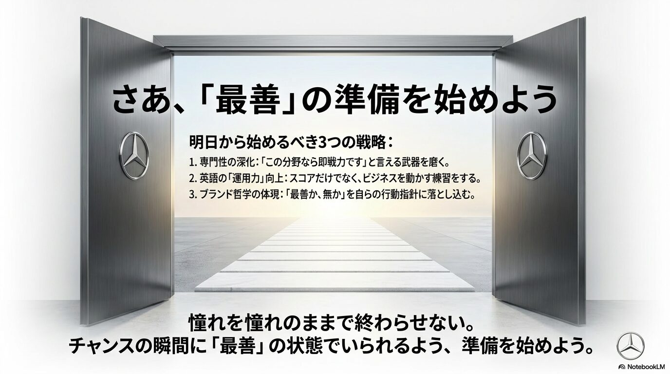 専門性の深化、英語の運用力向上、ブランド哲学の体現という、メルセデス・ベンツ日本を目指すための3つの行動指針
