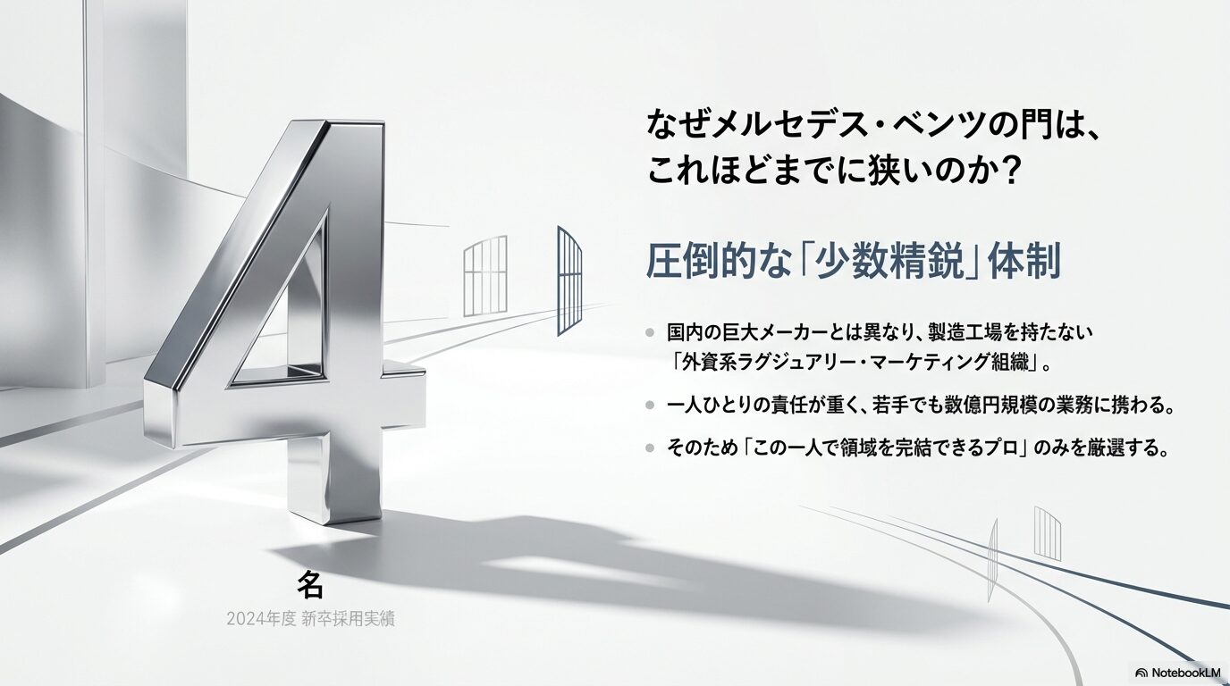 メルセデス・ベンツ日本が少数精鋭である理由。製造工場を持たないマーケティング組織であり、若手でも数億円規模の業務を担うためプロを厳選する方針の説明