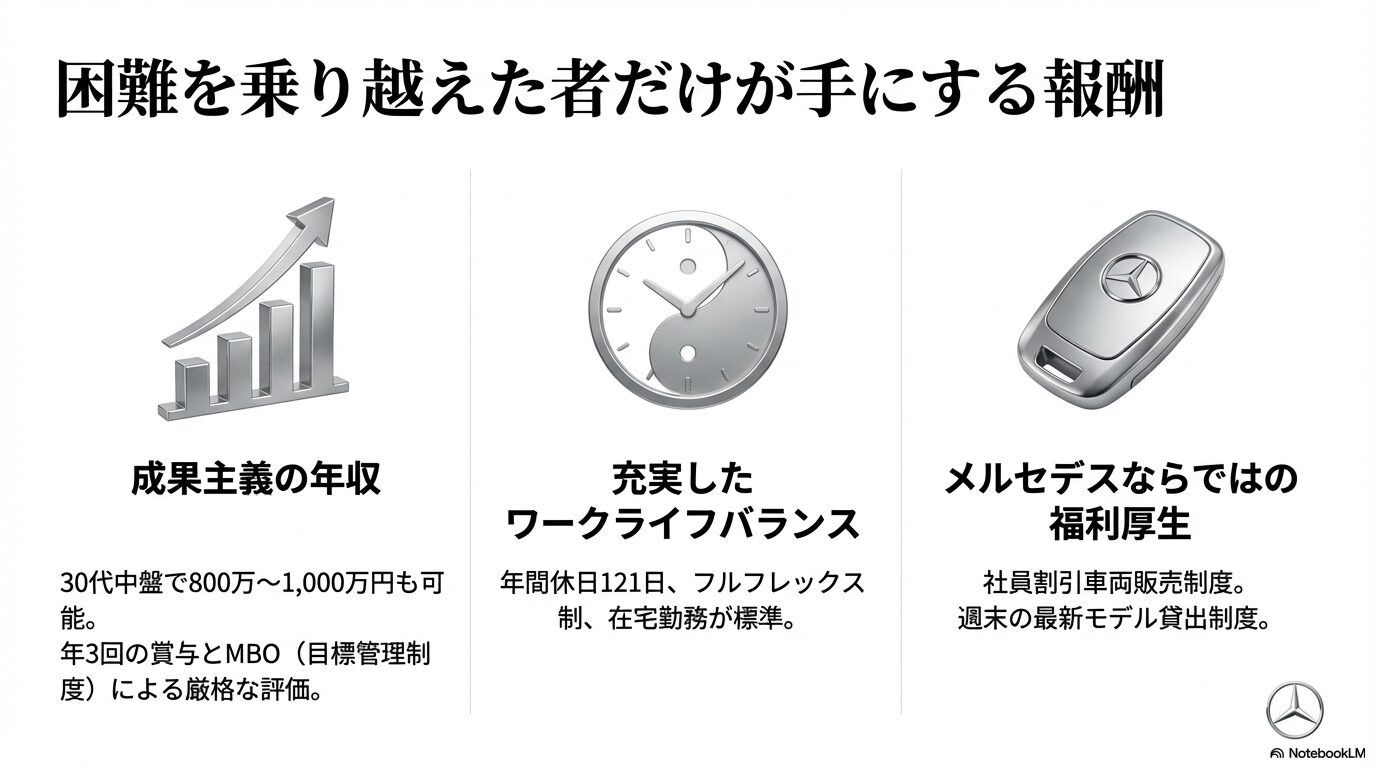 成果主義による年収（30代中盤で800〜1000万円可）、年間休日121日、フルフレックス、車両割引販売などの充実した待遇面