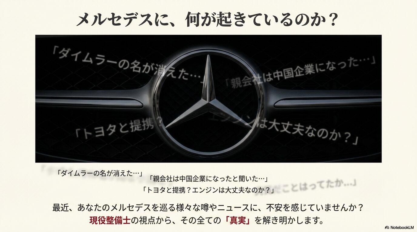 メルセデス・ベンツの親会社や中国企業、トヨタ提携に関する噂を紹介するスライド画像