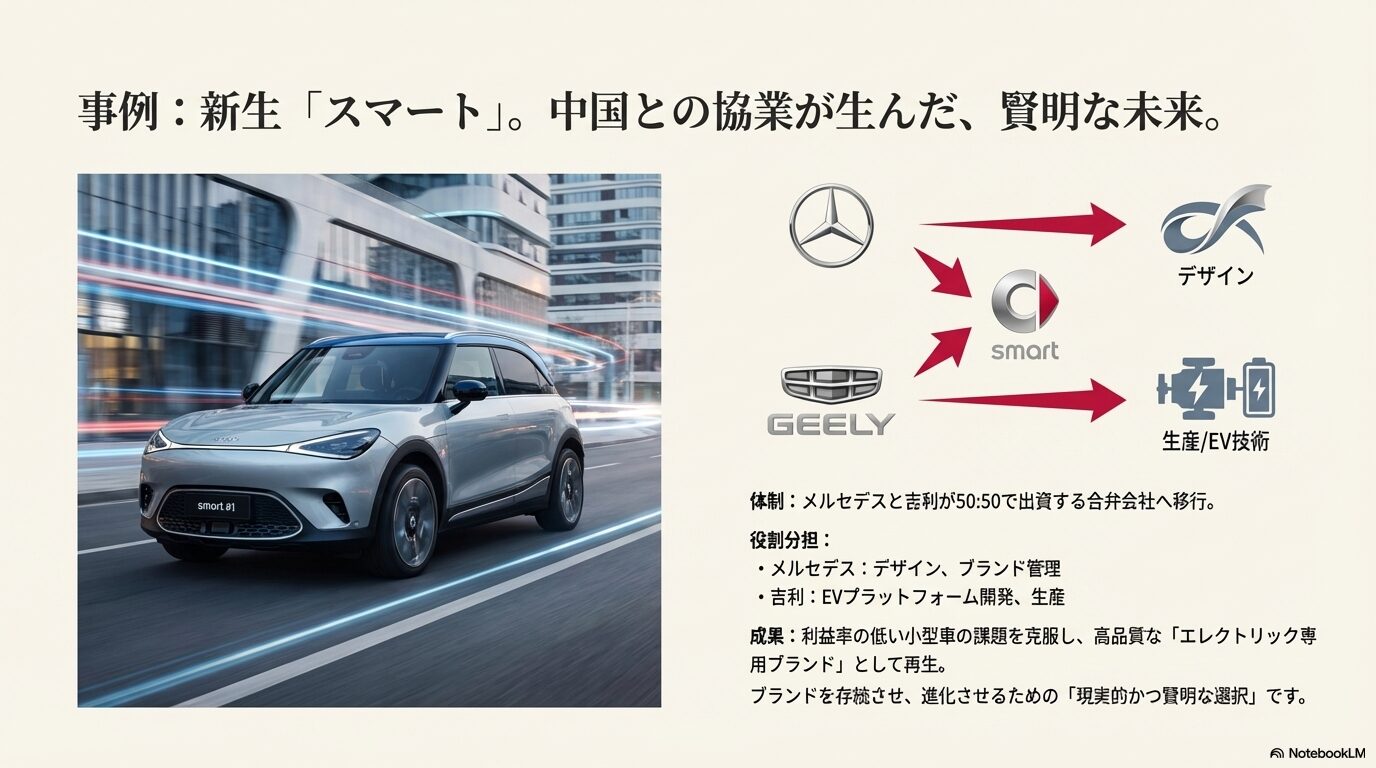 メルセデス・ベンツと吉利（GEELY）による合弁会社スマートの役割分担（デザイン・生産・EV技術）の図解
