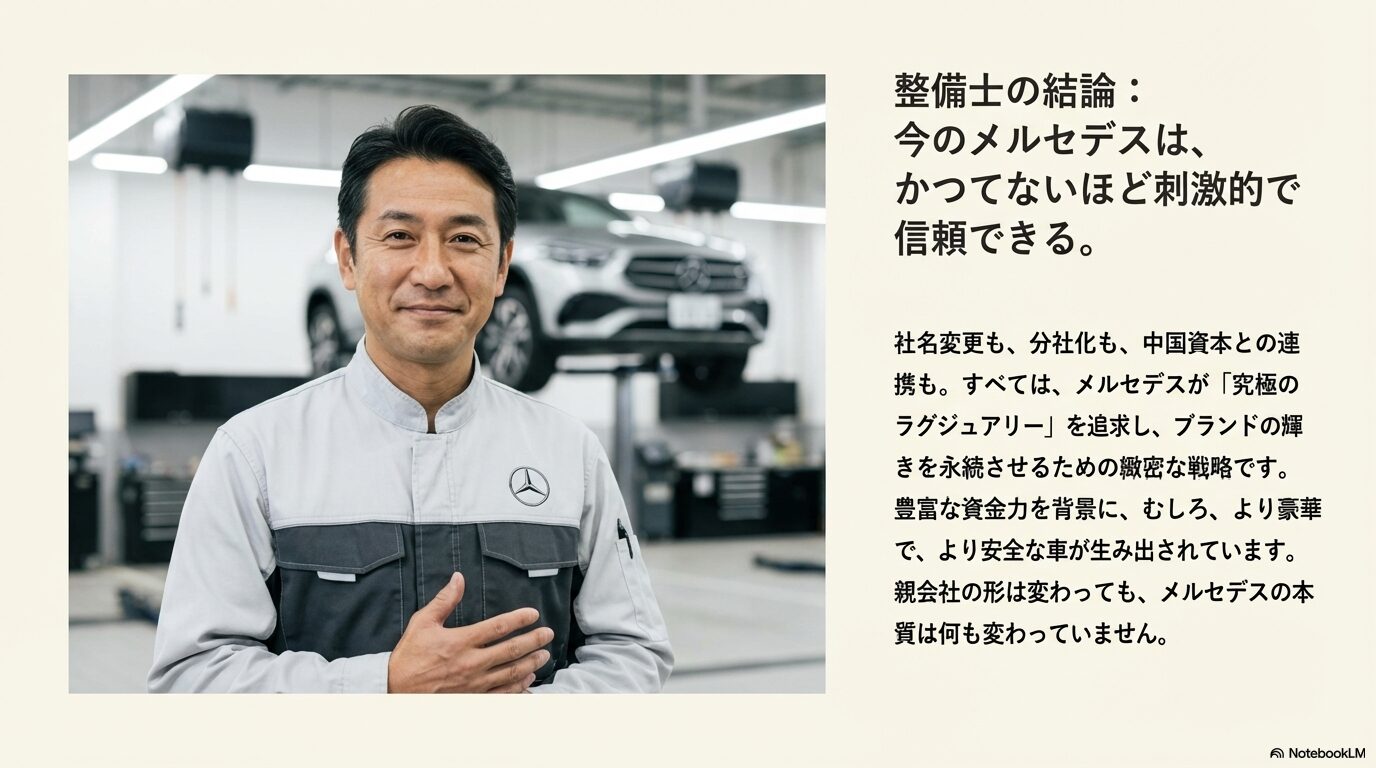 現役整備士がメルセデス・ベンツの戦略と品質への信頼を語るスライド